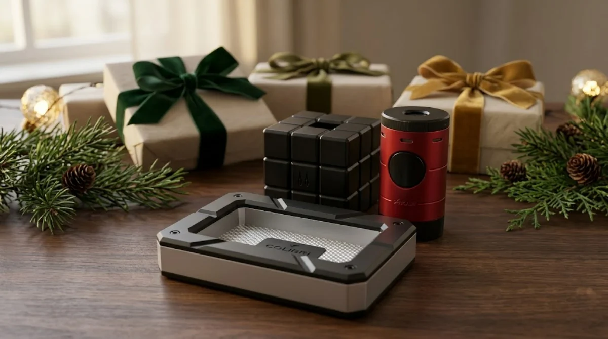Colibri Rally ashtray, Colibri Heritage cube desk lighter and Xikar Volta lighter with holiday gift boxes